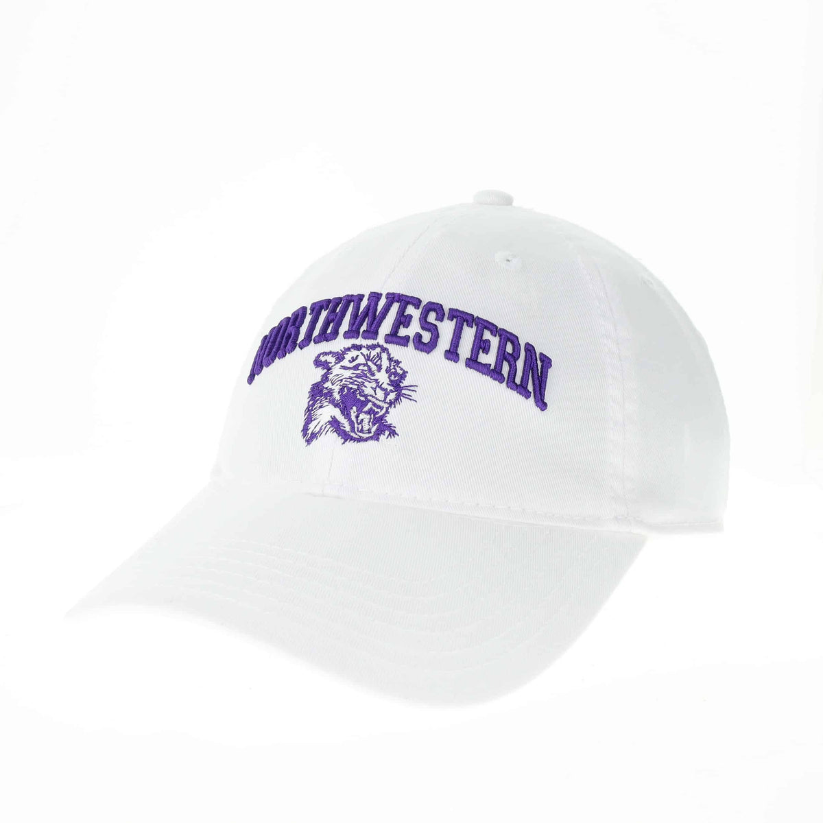 Northwestern University Wildcats Legacy Unconstructed Adjustable White Hat with Arched Northwestern Over Vintage Cat's Head Design