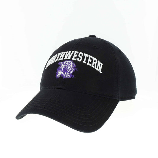 Northwestern University Wildcats Legacy Unconstructed Adjustable Black Hat with Arched Northwestern Over Vintage Cat's Head Design