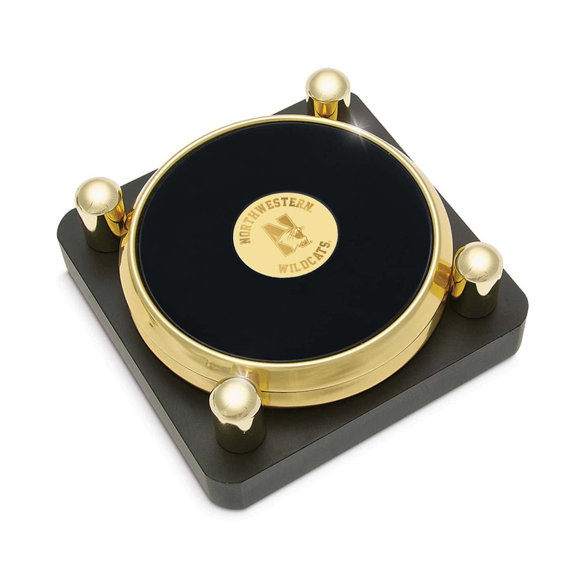 Northwestern University Wildcats Mascot Design Gold Medallion Gold Tone & Leather Coaster Set of Two