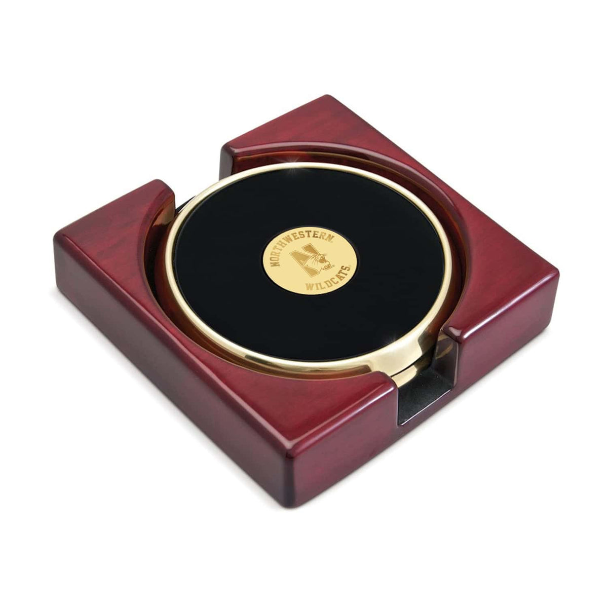 Northwestern University Wildcats Mascot Design Gold Medallion Gold Tone Coaster Set of Two in a Rosewood Finish Stand