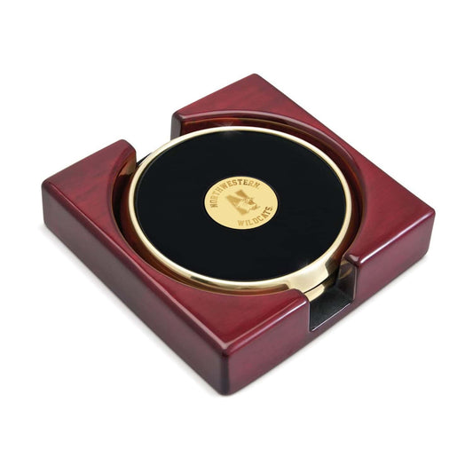 Northwestern University Wildcats Mascot Design Gold Medallion Gold Tone Coaster Set of Two in a Rosewood Finish Stand