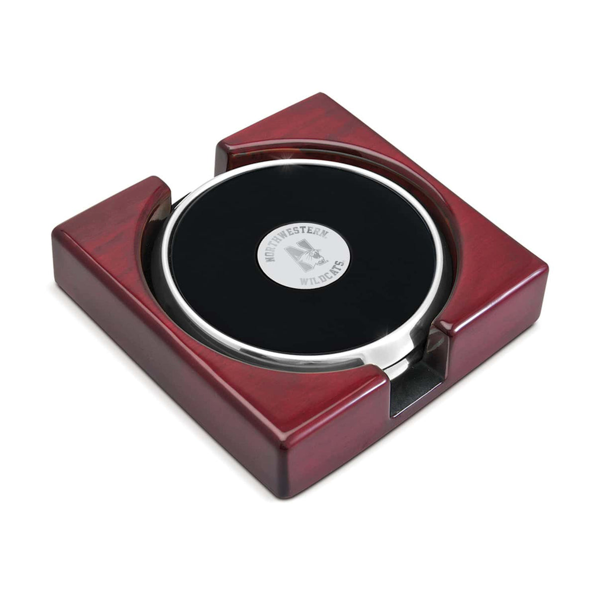 Northwestern University Wildcats Mascot Design Silver Medallion Brushed Silver Tone Coaster Set of Two in a Rosewood Finish Stand