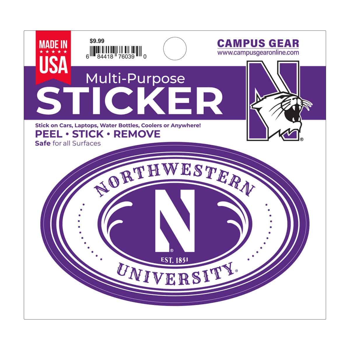 Northwestern University Wildcats Full Color Outside Application 3"X5" Oval Multi-Purpose Sticker Design #14 Stylized N