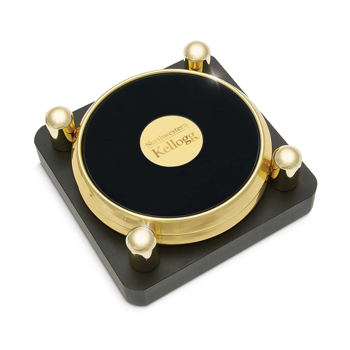 Northwestern | Kellogg Stacked Design Gold Medallion Gold Tone & Leather Coaster Set of Two