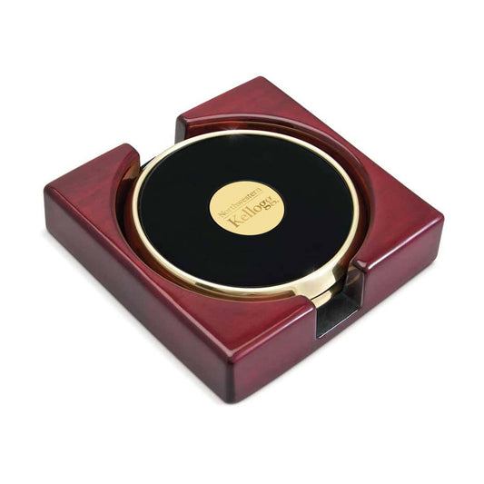 Northwestern | Kellogg Stacked Design Gold Medallion Gold Tone Coaster Set of Two in a Rosewood Finish Stand