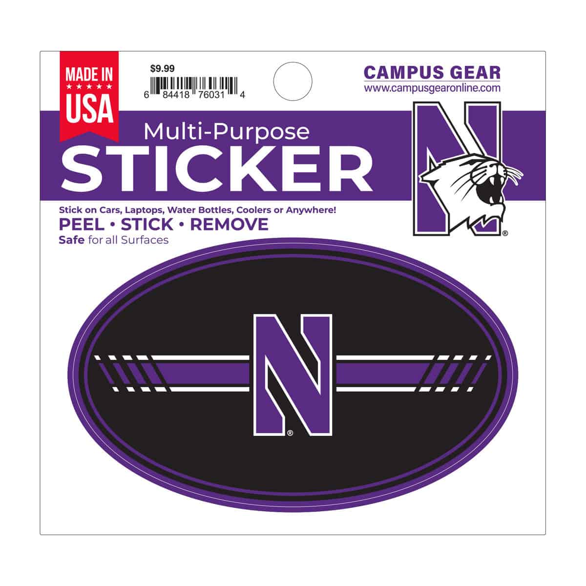 Northwestern University Wildcats Full Color Outside Application 3"X5" Oval Multi-Purpose Sticker Design #15 Stylized N