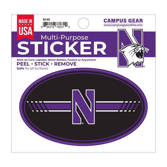 Northwestern University Wildcats Full Color Outside Application 3"X5" Oval Multi-Purpose Sticker Design #15 Stylized N