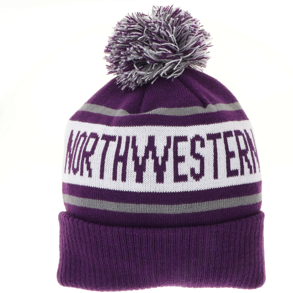 Northwestern University Wildcats Adult Purple Cuffed Stripped Northwestern Knit Cap with Pom