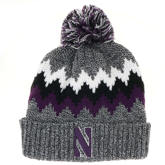 Northwestern University Wildcats Adult Grey Marled Zig Zag Cuffed Northwestern Knit Cap with Pom