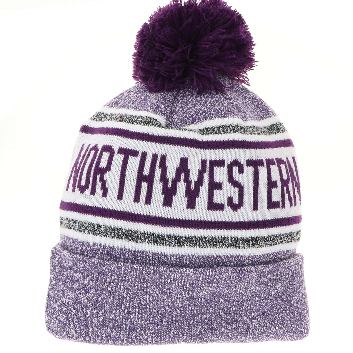 Northwestern University Wildcats Adult Purple Marled Cuffed Stripped Northwestern Knit Cap with Pom