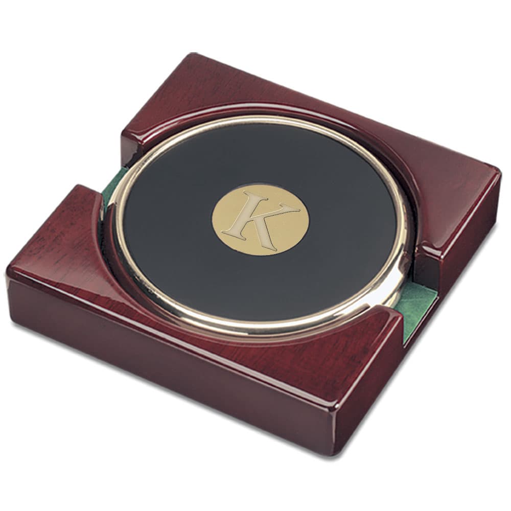 Northwestern | Kellogg K Design Gold Medallion Gold Tone Coaster Set of Two in a Rosewood Finish Stand
