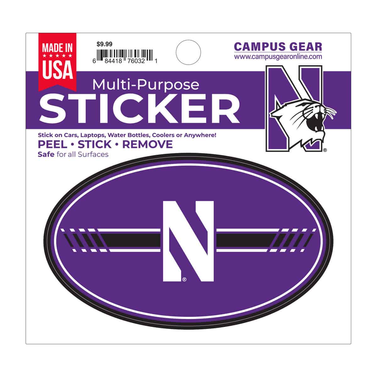 Northwestern University Wildcats Full Color Outside Application 3"X5" Oval Multi-Purpose Sticker Design #16 Stylized N