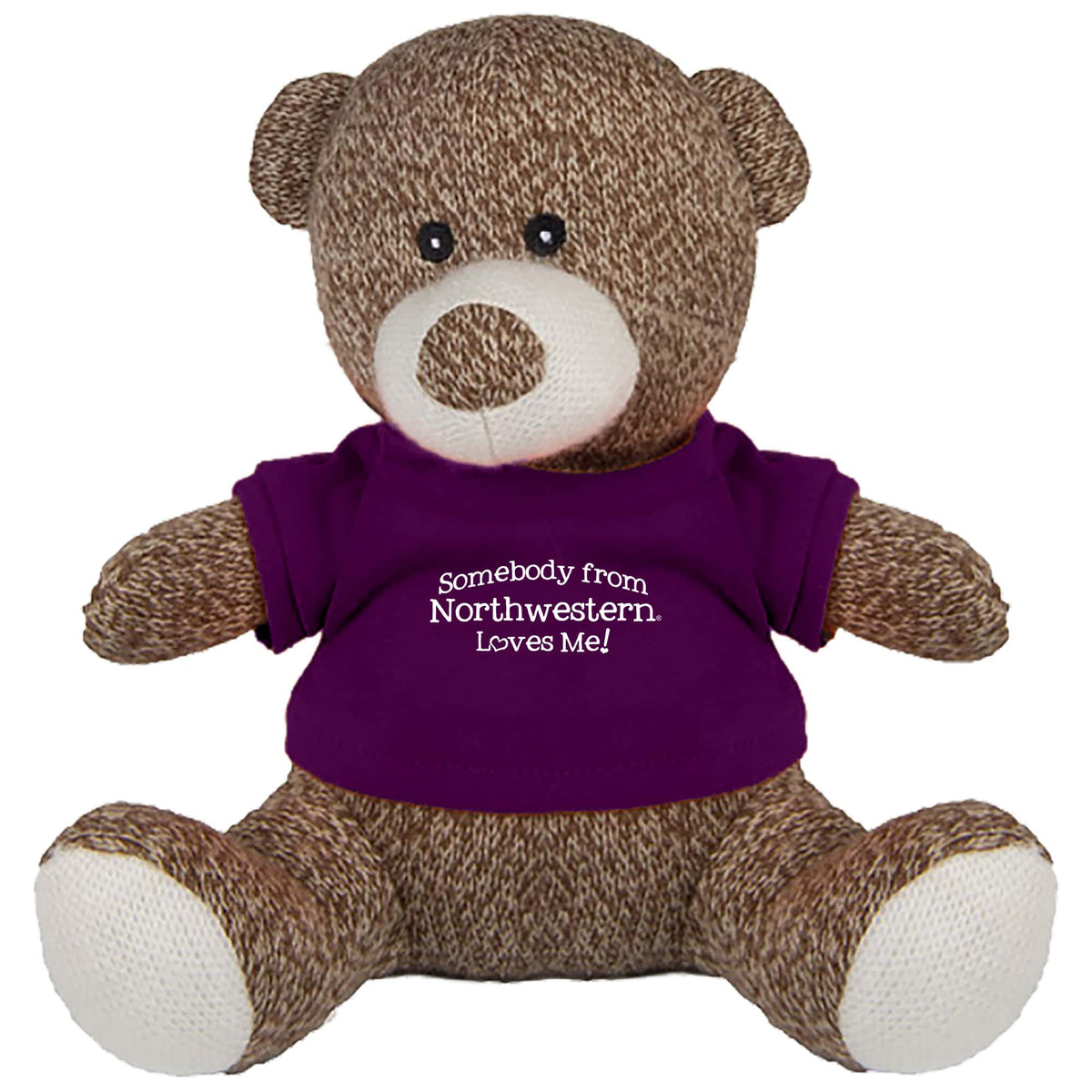 Northwestern University Wildcats Knitted Brown Teddy Bear Wearing Purple "Somebody from Northwestern Loves Me" Tee Shirt