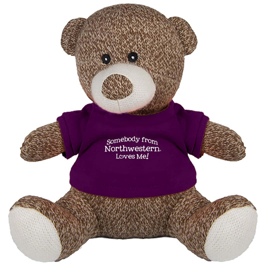 Northwestern University Wildcats Knitted Brown Teddy Bear Wearing Purple "Somebody from Northwestern Loves Me" Tee Shirt