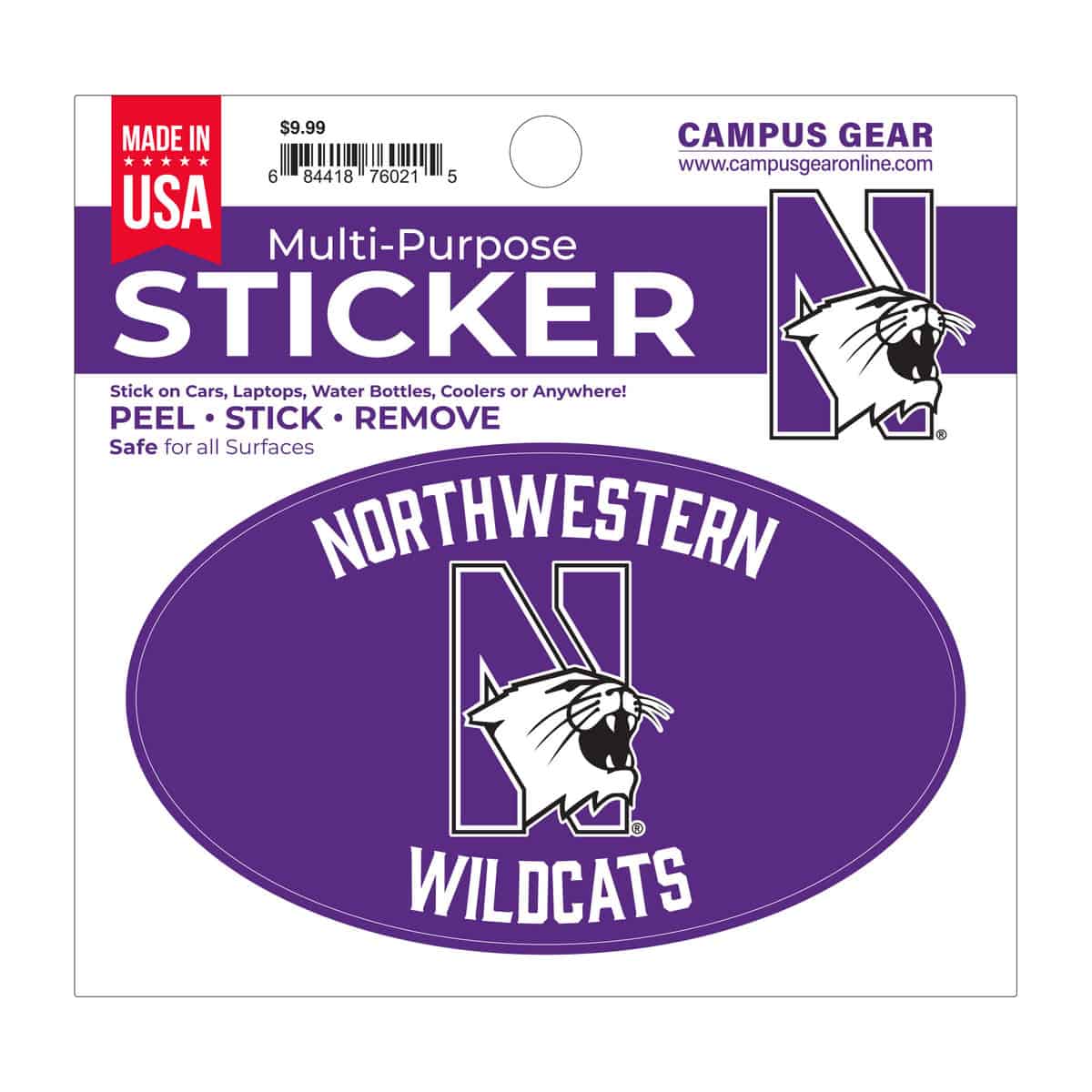 Northwestern University Wildcats Full Color Outside Application 3"X5" Oval Multi-Purpose Sticker Design #19 N-Cat