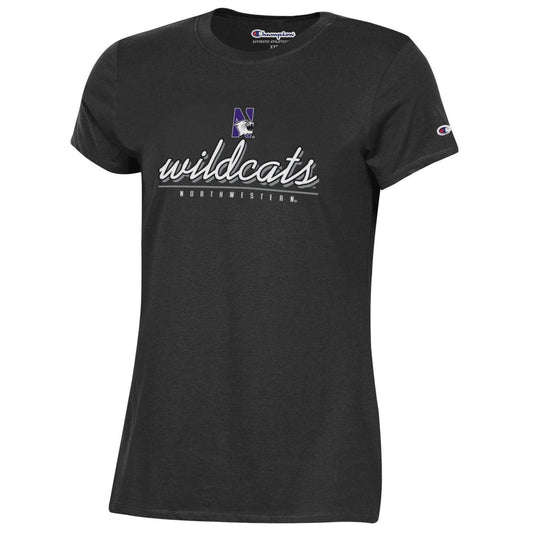 Northwestern University Wildcats Champion Ladies Black Tee Shirt with Specialty Foil Design