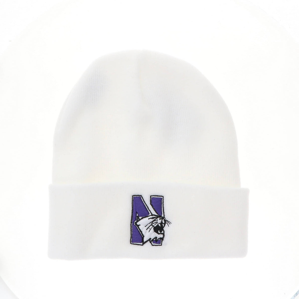 Northwestern University Wildcats Adult Solid White Cuffed Knit Cap with N-Cat Design