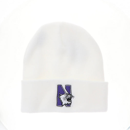 Northwestern University Wildcats Adult Solid White Cuffed Knit Cap with N-Cat Design