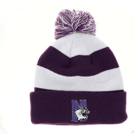 Northwestern University Wildcats Adult Purple & White Stripped Cuffed Pom Knit Cap with N-Cat Design