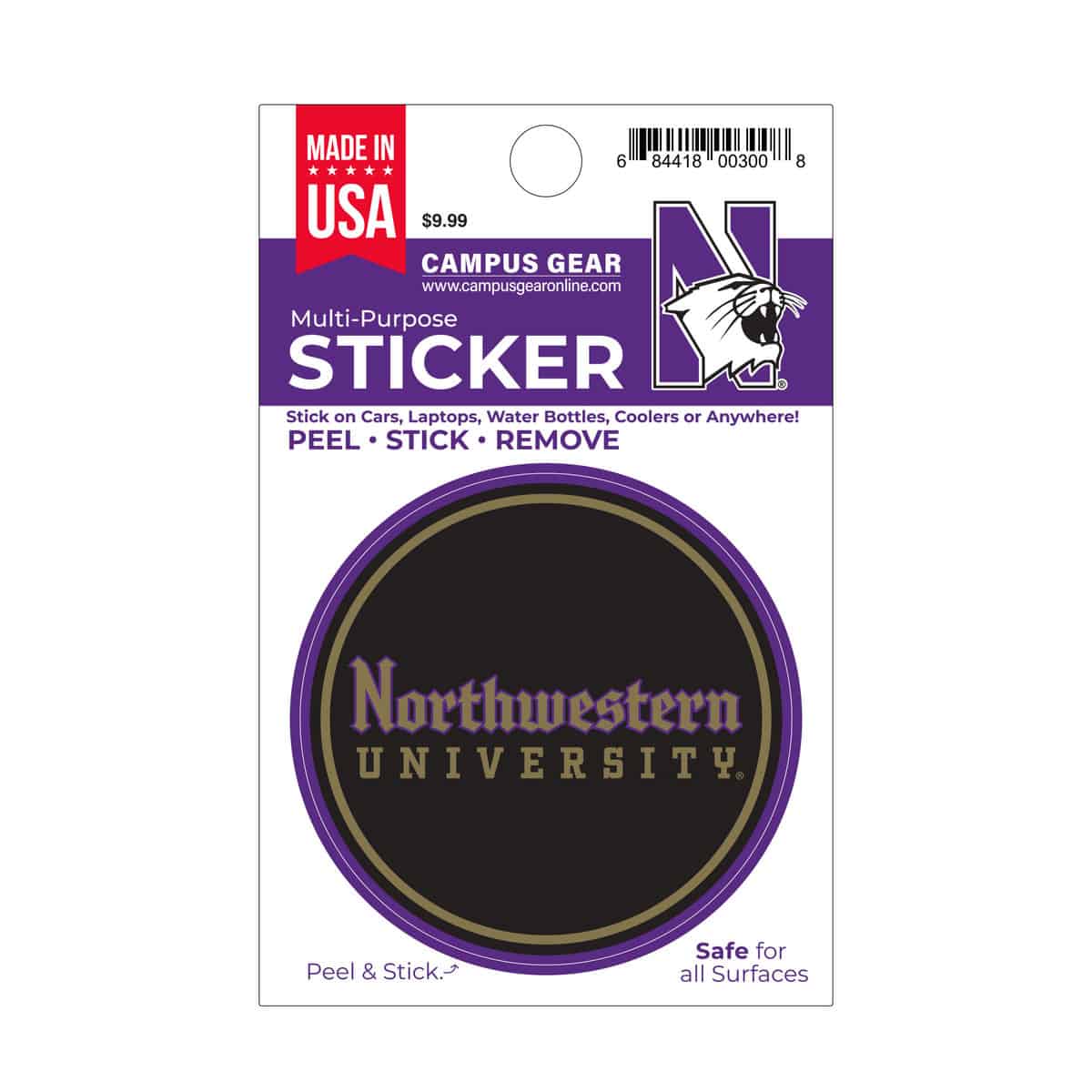 Northwestern University Wildcats Full Color Outside Application 3" Circular Multi-Purpose Sticker Design #20 Gothic