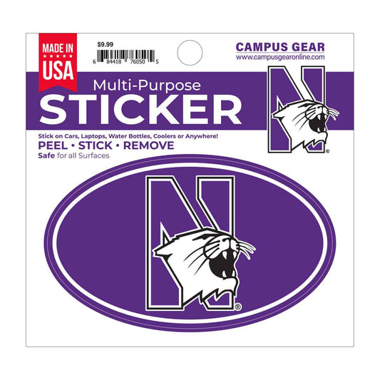 Northwestern University Wildcats Full Color Outside Application 3"X5" Oval Multi-Purpose Sticker Design #20 N-Cat