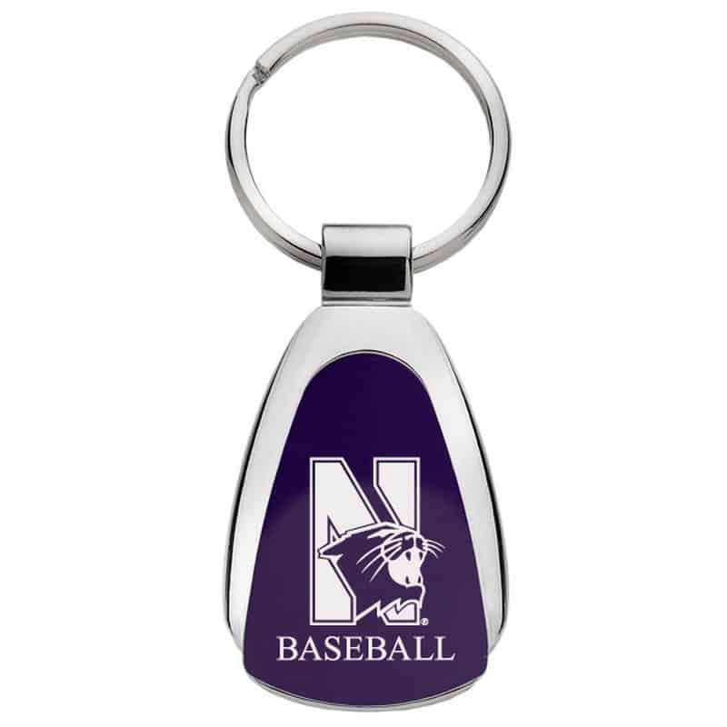Northwestern University Wildcats Laser Engraved Purple Teardrop Key Chain with Mascot & Baseball Design