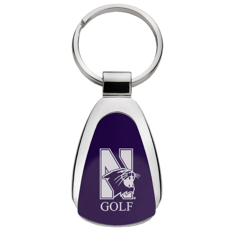Northwestern University Wildcats Laser Engraved Purple Teardrop Key Chain with Mascot & Golf Design