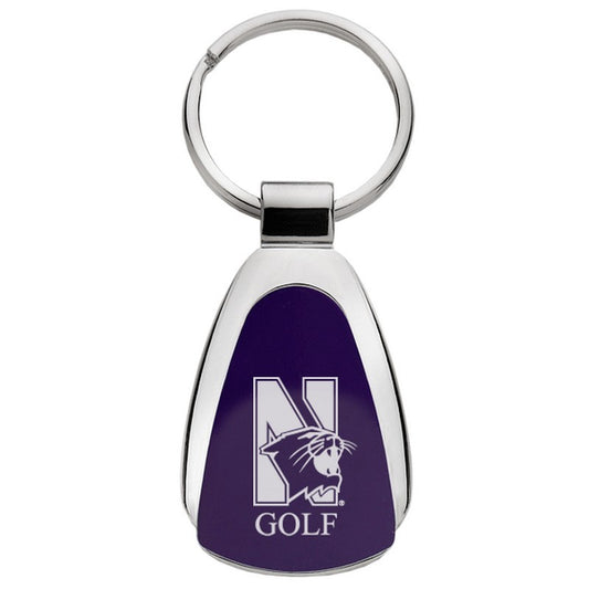 Northwestern University Wildcats Laser Engraved Purple Teardrop Key Chain with Mascot & Golf Design