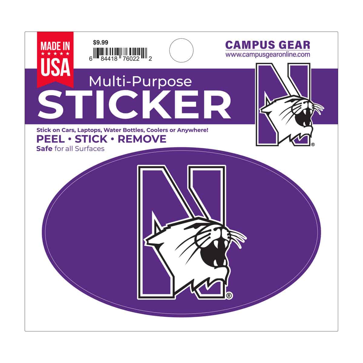Northwestern University Wildcats Full Color Outside Application 3"X5" Oval Multi-Purpose Sticker Design #22 N-Cat