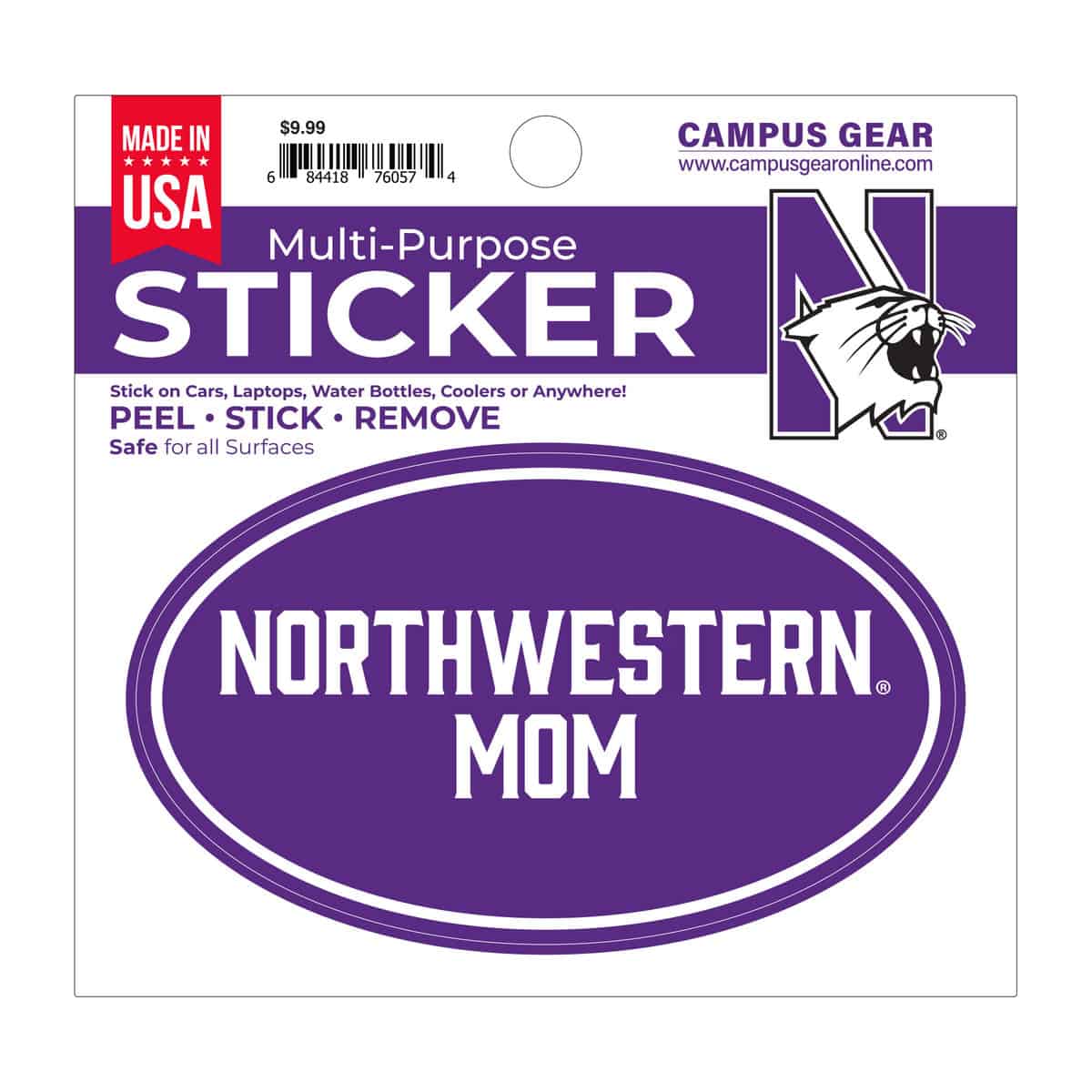 Northwestern University Wildcats Full Color Outside Application 3"X5" Oval Multi-Purpose Sticker Design #24 Mom