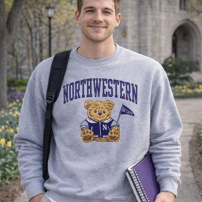 Northwestern University Wildcats Men's Grey Crewneck Sweatshirt with Sitting Bear Design