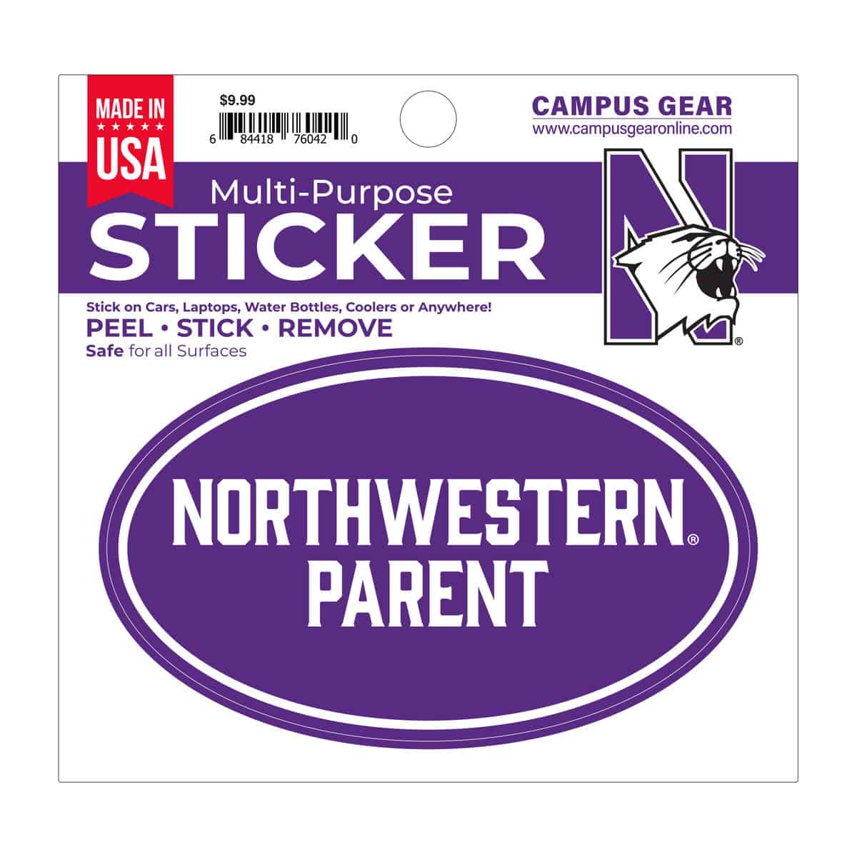 Northwestern University Wildcats Full Color Outside Application 3"X5" Oval Multi-Purpose Sticker Design #26 Parent