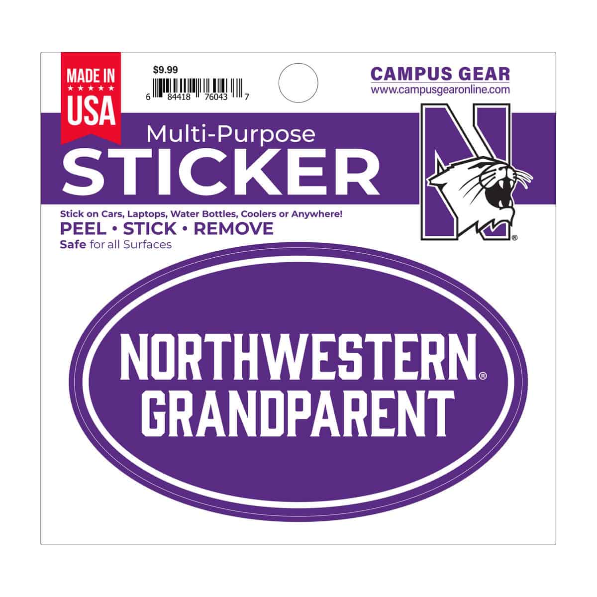 Northwestern University Wildcats Full Color Outside Application 3"X5" Oval Multi-Purpose Sticker Design #29 Grandparent