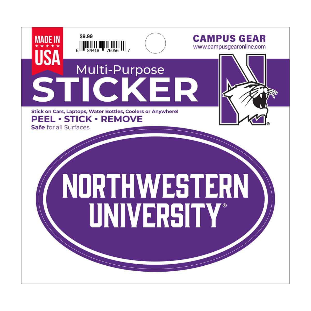 Northwestern University Wildcats Full Color Outside Application 3"X5" Oval Multi-Purpose Sticker Design #30