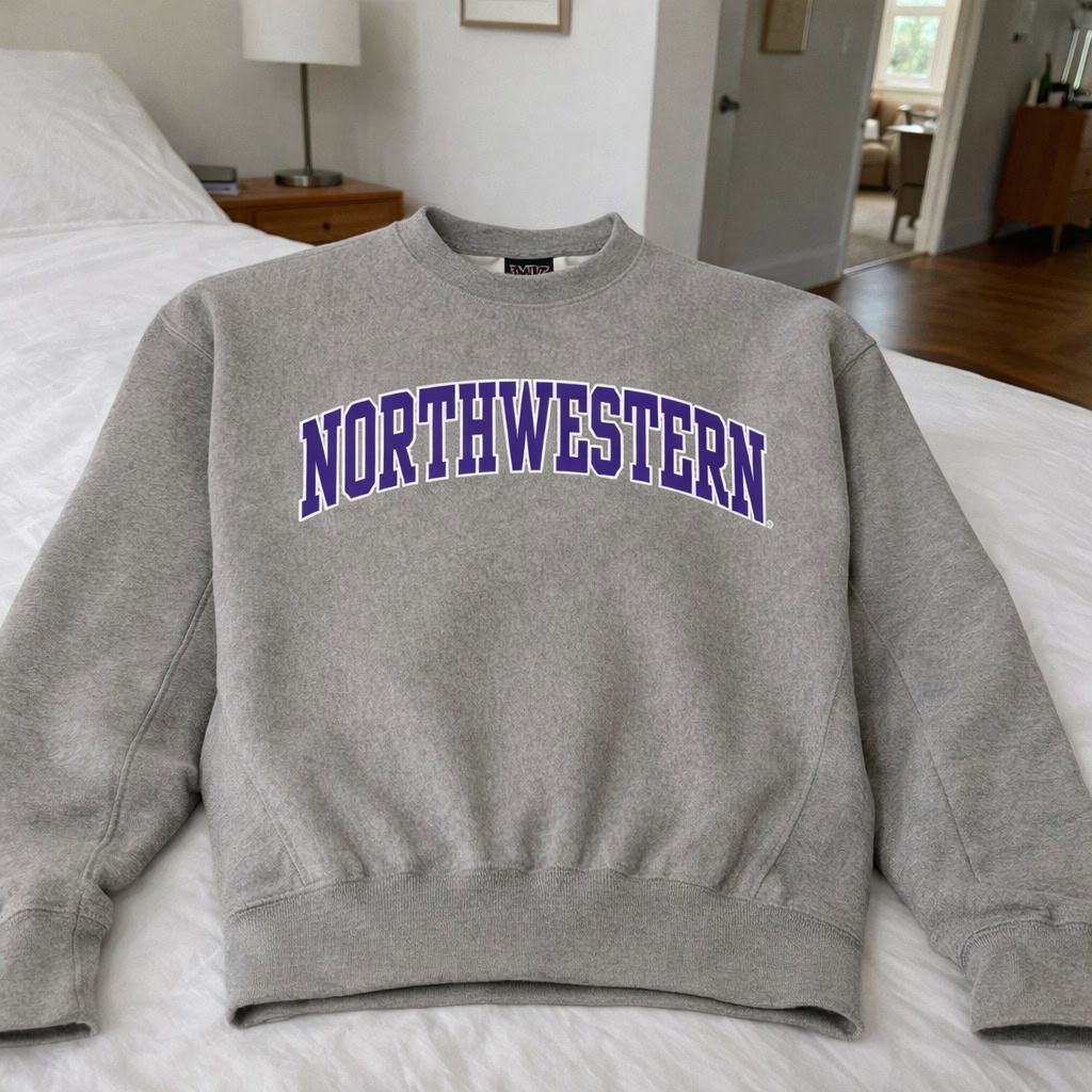 Northwestern University Wildcats Men's MV Pro-Weave Super-Heavy Graphite Crewneck Sweatshirt with Two Color Arch Design
