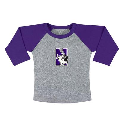 Northwestern University Wildcats Purple/Grey Baseball T-Shirt With Embroidered N-Cat Design-2