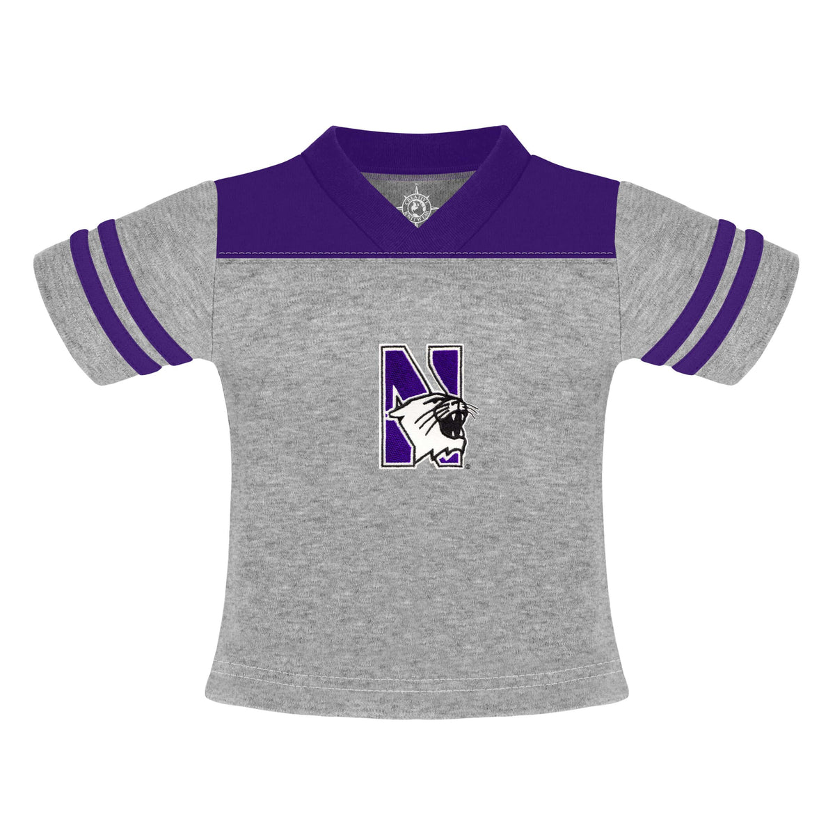 Northwestern University Wildcats Purple/Grey Football T-Shirt With Embroidered N-Cat Design-2