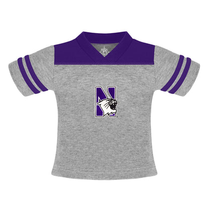 Northwestern University Wildcats Purple/Grey Football T-Shirt With Embroidered N-Cat Design-2
