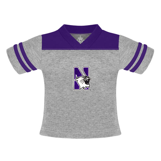Northwestern University Wildcats Purple/Grey Football T-Shirt With Embroidered N-Cat Design-2