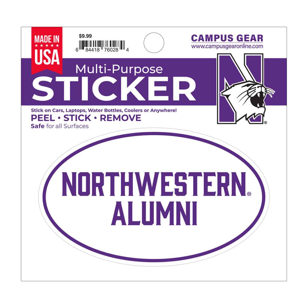 Northwestern University Wildcats Full Color Outside Application 3"X5" Oval Multi-Purpose Sticker Design #33 Alumni