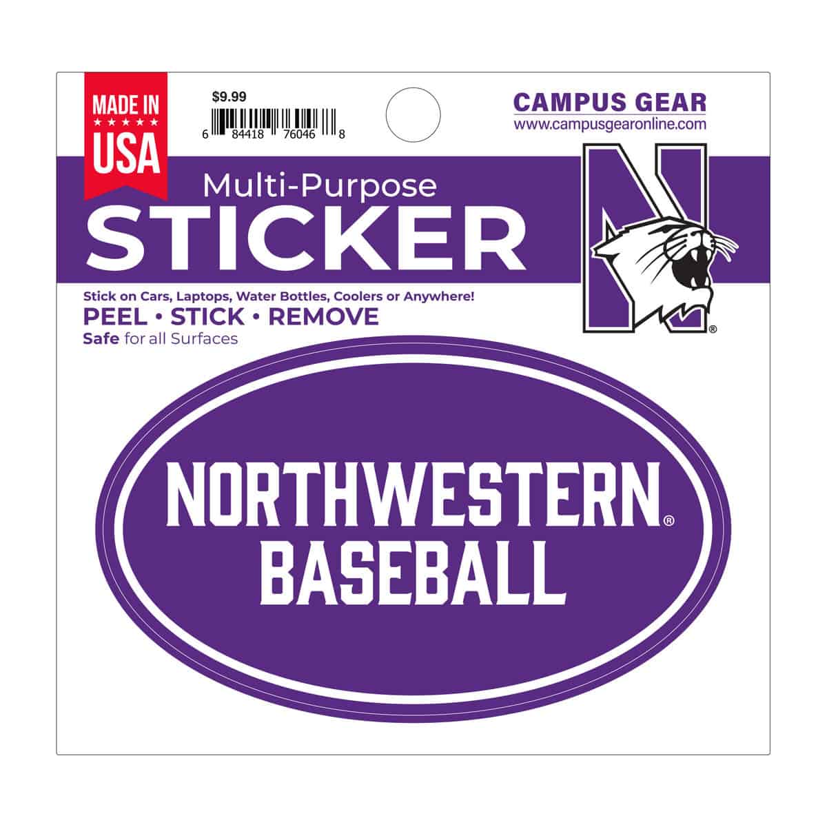 Northwestern University Wildcats Full Color Outside Application 3"X5" Oval Multi-Purpose Sticker Design #34 Baseball