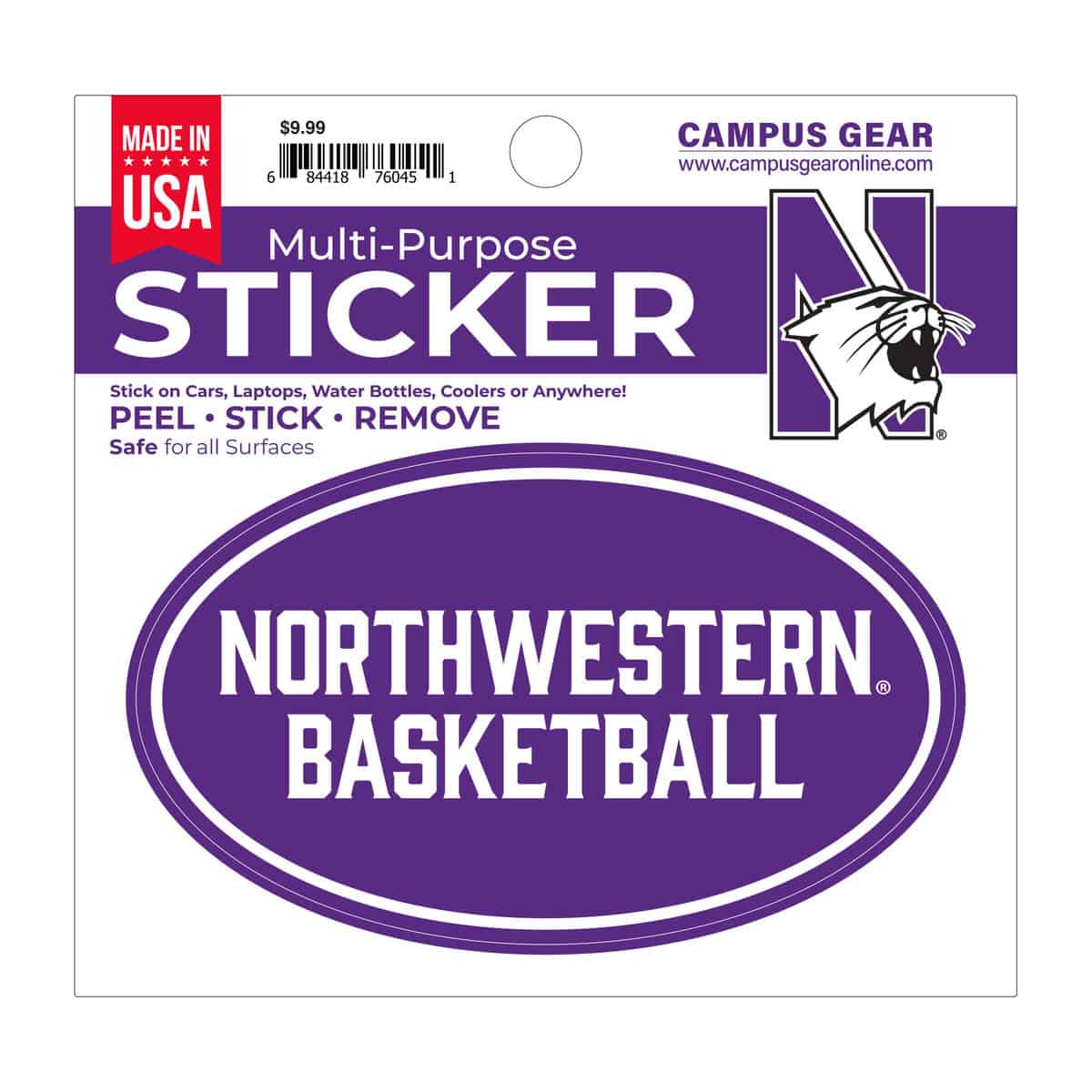 Northwestern University Wildcats Full Color Outside Application 3"X5" Oval Multi-Purpose Sticker Design #35 Basketball