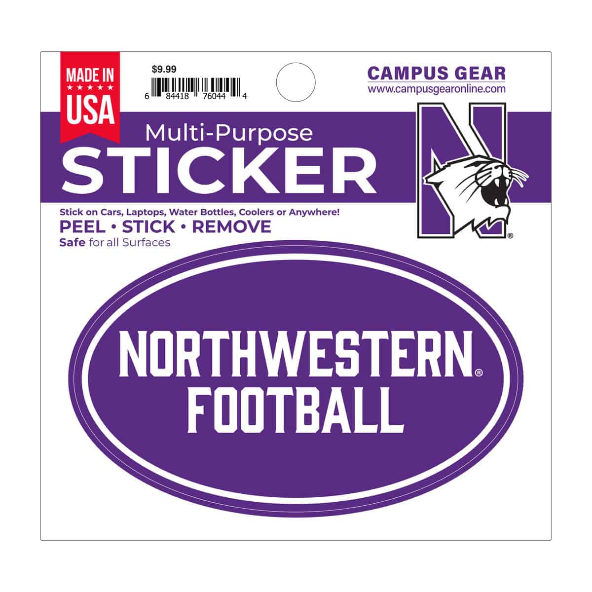 Northwestern University Wildcats Full Color Outside Application 3"X5" Oval Multi-Purpose Sticker Design #36 Football