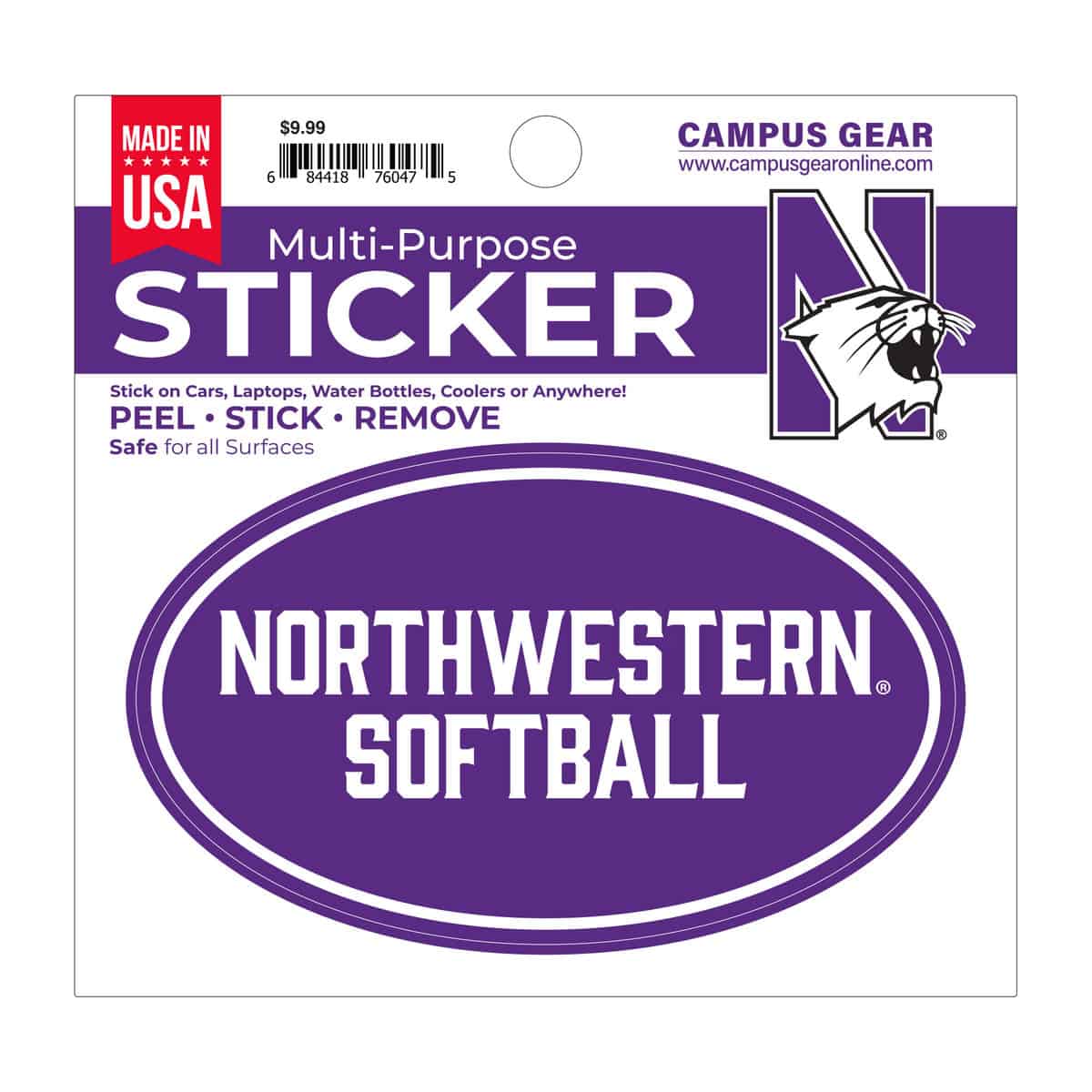 Northwestern University Wildcats Full Color Outside Application 3"X5" Oval Multi-Purpose Sticker Design #37 Softball