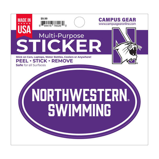 Northwestern University Wildcats Full Color Outside Application 3"X5" Oval Multi-Purpose Sticker Design #40 Swimming