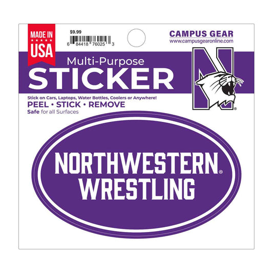 Northwestern University Wildcats Full Color Outside Application 3"X5" Oval Multi-Purpose Sticker Design #41 Wrestling
