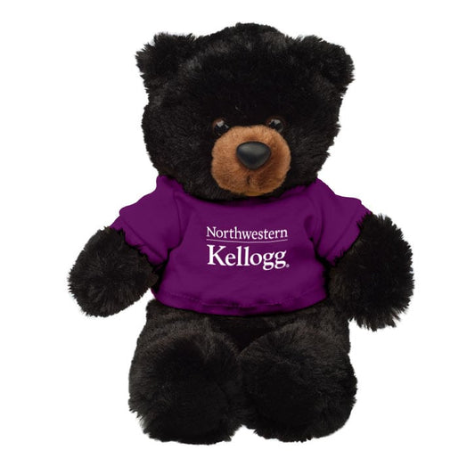 Northwestern I Kellogg Buster Black Teddy Bear Wearing Purple "Northwestern I Kellogg" Tee Shirt