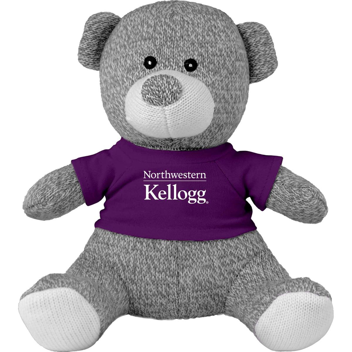 Northwestern I Kellogg Knitted Plush Grey Teddy Bear Wearing Purple "Northwestern I Kellogg" Tee Shirt
