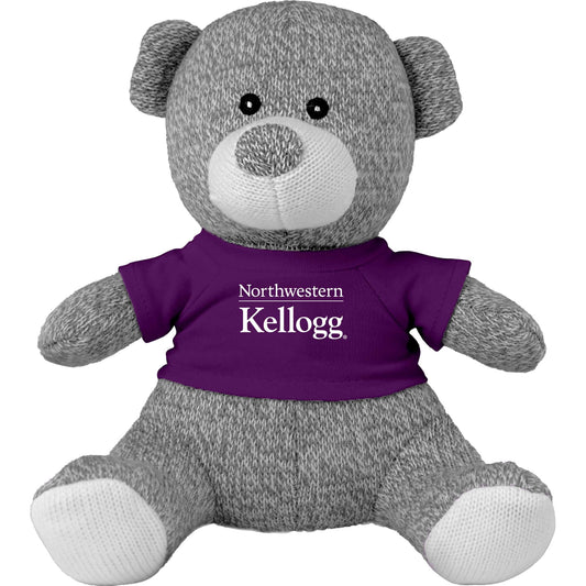 Northwestern I Kellogg Knitted Plush Grey Teddy Bear Wearing Purple "Northwestern I Kellogg" Tee Shirt