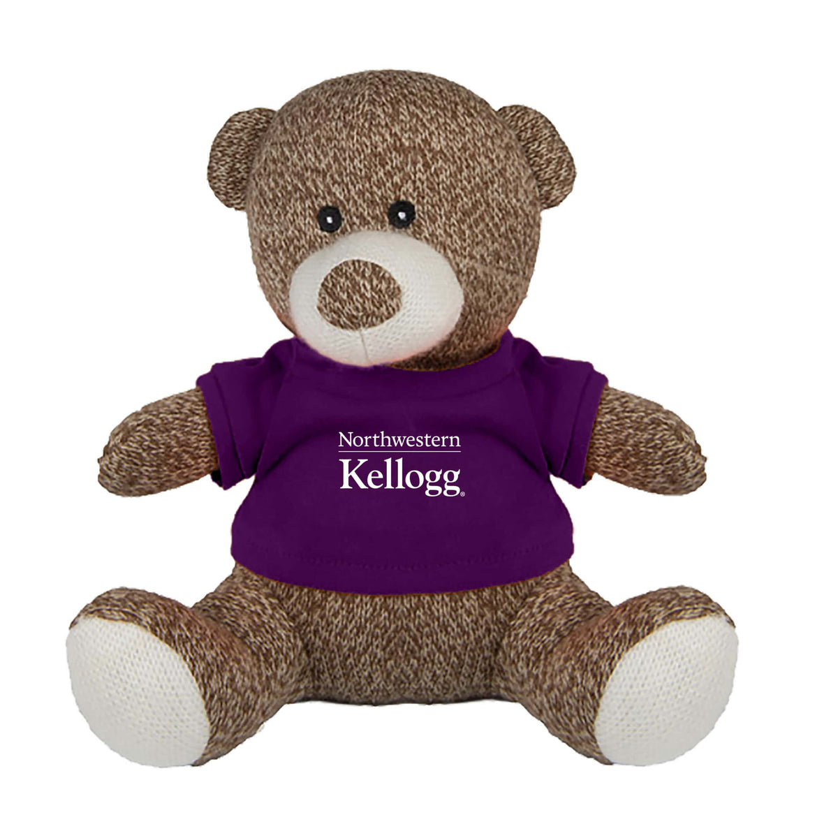 Northwestern I Kellogg Knitted Brown Teddy Bear Wearing Purple "Northwestern I Kellogg" Tee Shirt